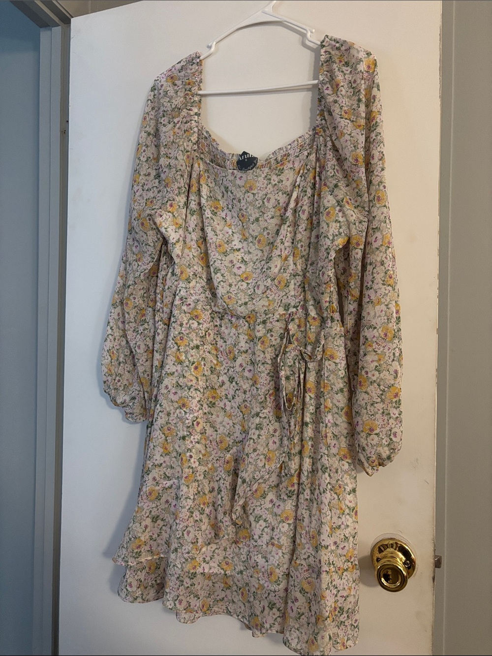 Arula Floral Puff-Sleeve Tie-Waist Dress in Cream and Yellow